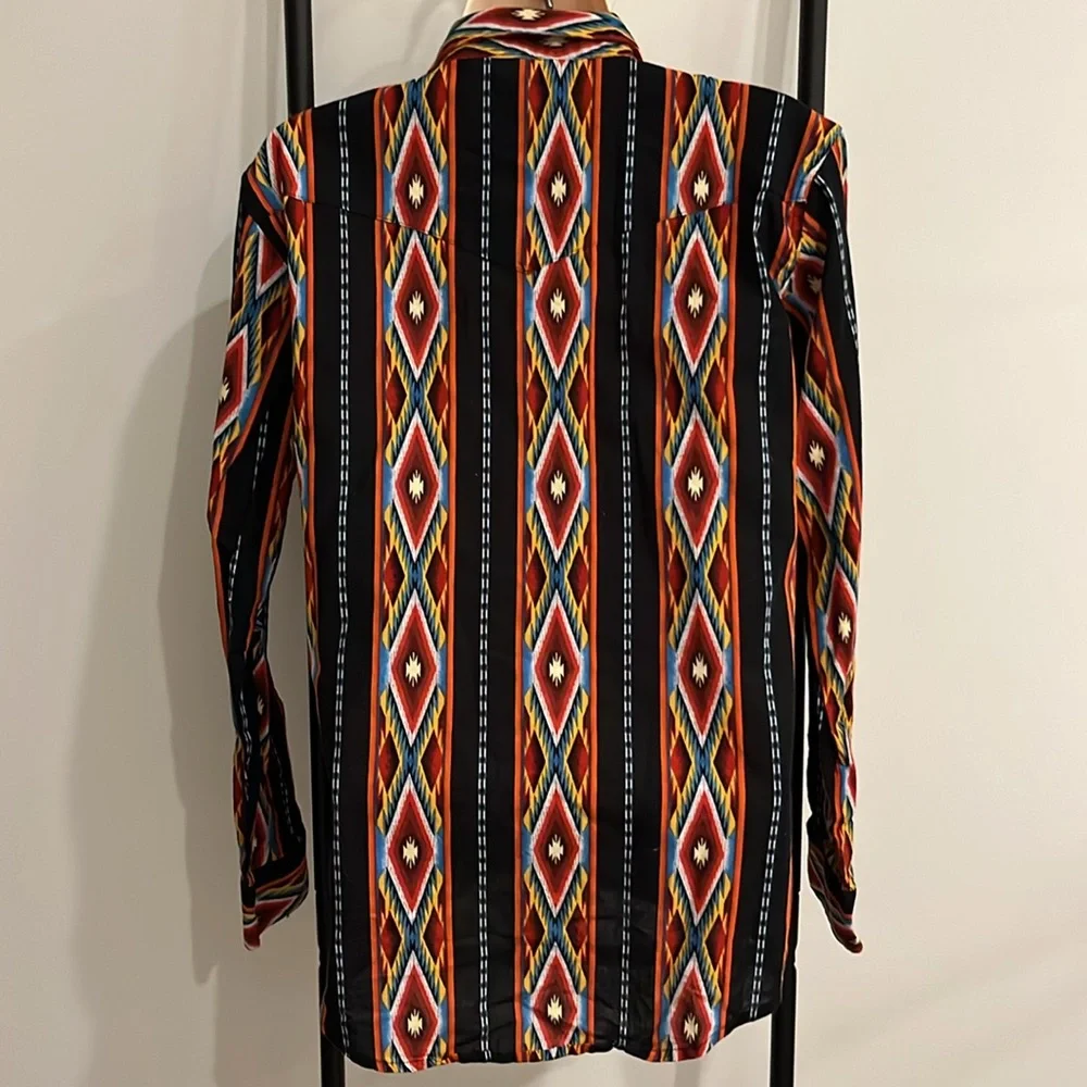 Vintage 80s Wrangler Aztec Snaps Western Cowboy Long Sleeve Shirt Boys Size XL